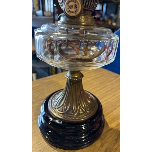 582A - Antique Brass Column Oil Lamp with Clear Glass Reservoir & Hink's Burner