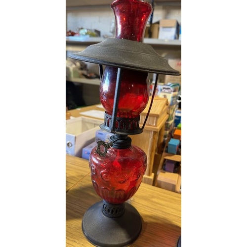 582C - Pair of Ornate Dimpled Red Glass Decorative Oil Lamps