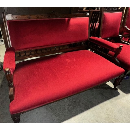 288 - Antique  Red Fabric 2 Seater On Casters