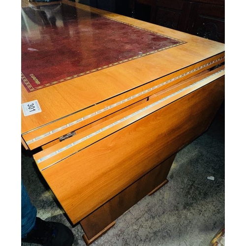 301 - Gautier 3 Drawer Inlaid Desk With Drop Leaf & Brass Map of World  Handles