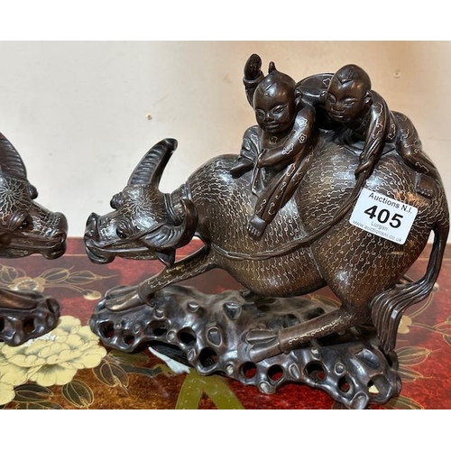 405 - A Pair of Beautiful Carved Chinese Hardwood Water Buffalo with Figures on Their Backs - Bodies of Bu... 