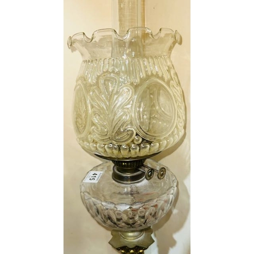 415 - Antique Brass Corinthian Based Oil Lamp with Ornate Clear Glass Reservoir & Clear Glass Fluted Shade