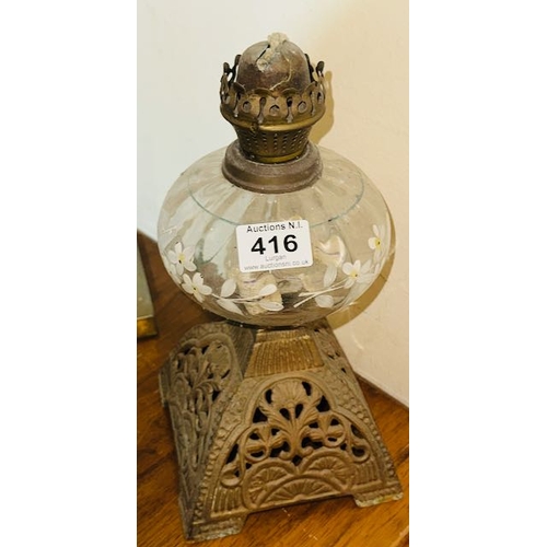 416 - Ornate Vintage Cast Based Oil Lamp with Hand Painted Reservoir