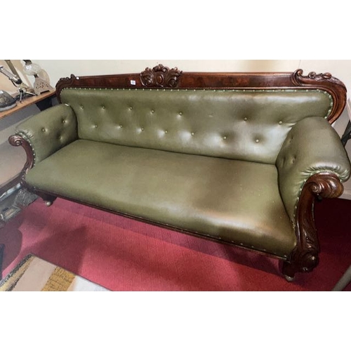 433 - Long Victorian Green Leather Button Back Sofa