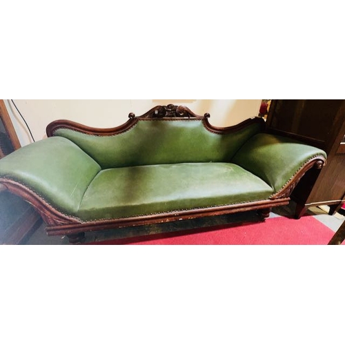 447 - Victorian Green Leather Rolled Arm Sofa