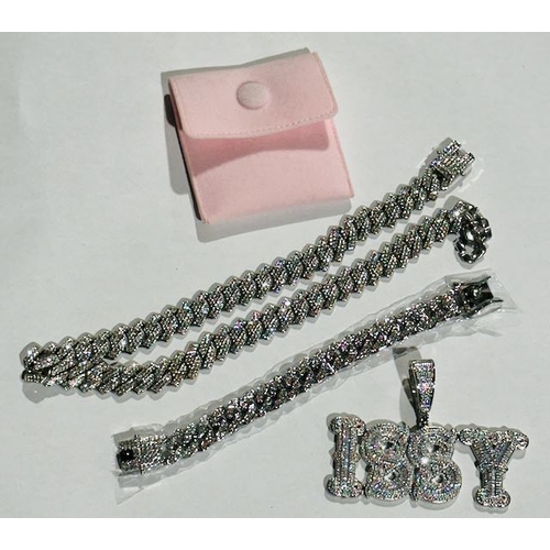 1048 - Iced Curb Necklace + Bracelet + Pendant