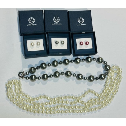 1052 - 3x Pairs of Lara Pearl Stud Earrings + 2x Dress Pearl Necklaces