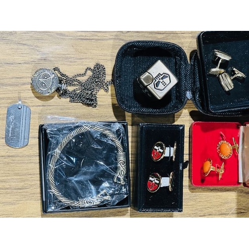 979 - Collection of Cufflinks, Owl Pocket Watch on Chain, Novelty Dice, Ben Sherman Tag etc