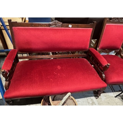 207 - Antique Red Fabirc Parlour Suite On Casters - Comprising Of 2 Seater Sofa & Grandfather/Grandmother ... 