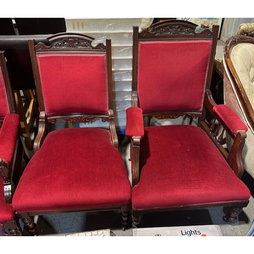 207 - Antique Red Fabirc Parlour Suite On Casters - Comprising Of 2 Seater Sofa & Grandfather/Grandmother ... 