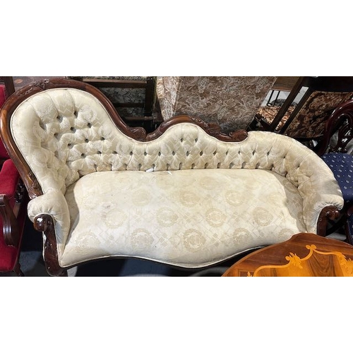 211 - Antique Button Back Cream Upholstered Chaise Lounge