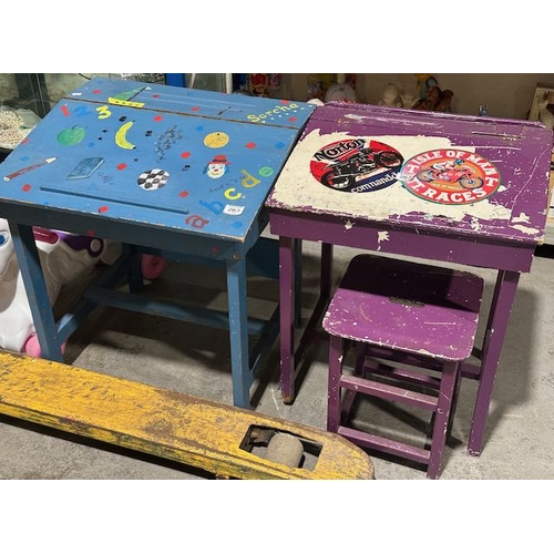 263 - 2 x  Kids Sloped Writing Desk With Storage & Stool + Ride On Unicorn + Wooden Rocking Horse