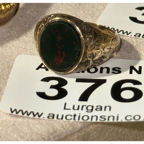 376 - Gold Bloodstone Signet Ring with Ornate Shoulder Detail