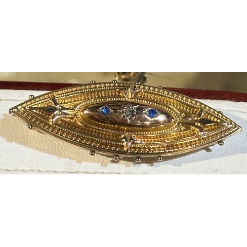 388 - Beautiful Vintage 9ct Gold Brooch with Sapphires & Diamond