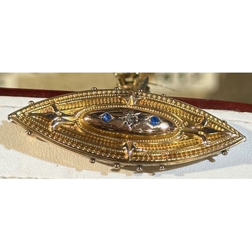 388 - Beautiful Vintage 9ct Gold Brooch with Sapphires & Diamond