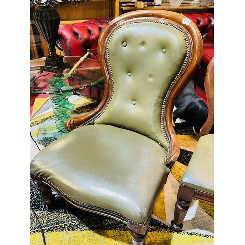 478 - Victorian Spoonback Green Leather Chair + Victorian Balloon Back with Green Leather Seat