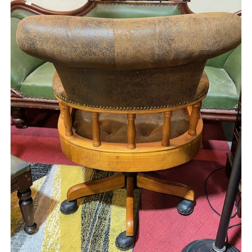 480 - Pine Framed Brown Suede Buttoned Captains Chair