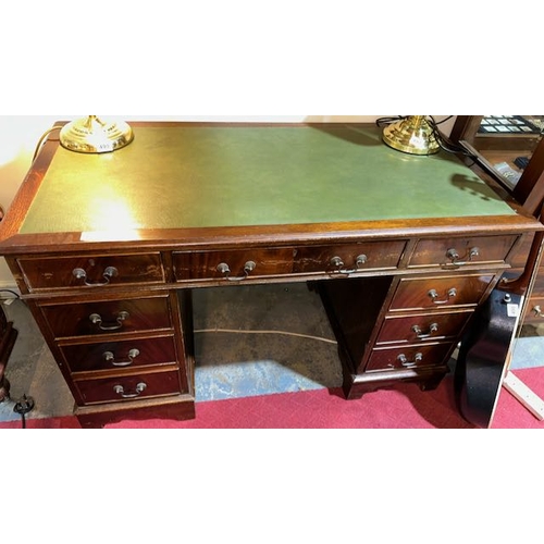 491 - Green Leather Topped Double Pedestal Desk with Drawers