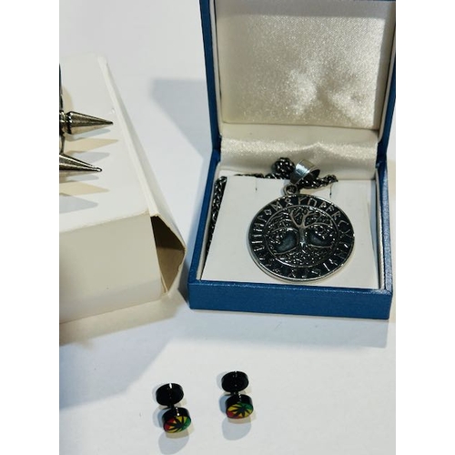 1009 - Pair Of Stod Earrings, Black Leather Studded Bracelet & Necklace