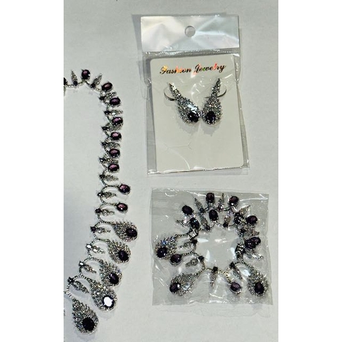 1014 - Peacock Feather Purple Stone Necklace, Bracelet, Earrings & Ring Set