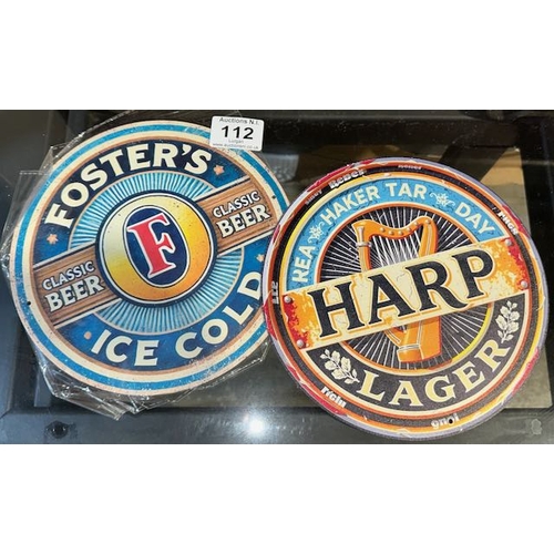 112 - 2 x Ciruclar Metal Drinks Signs - Fosters & Harp