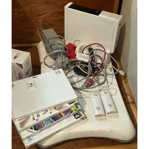 14 - Nintendo Wii + Fit Board  With One Nunchuck, Powerlead & Approx 4 Games Incl Mario Party 8