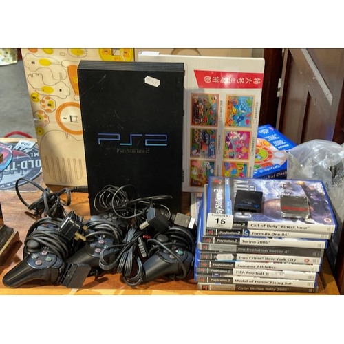 15 - Sony PS2 With Approx 9 Games & 3 Controllers