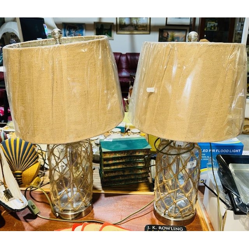 19 - Pair Of Maritime Style Glass & Rope Table Lamps With Hessian Style Shades - Approx 2'2