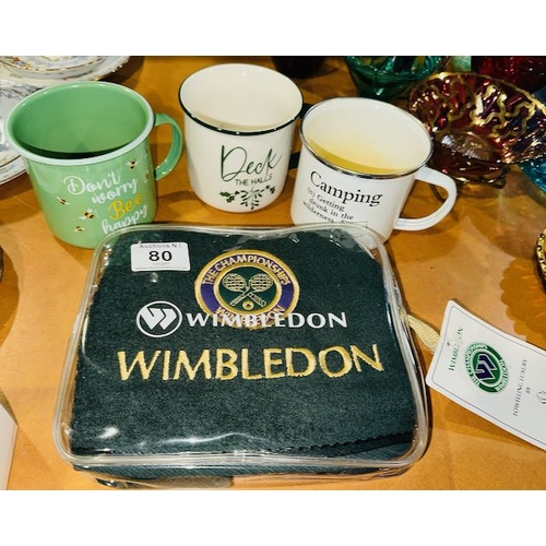 80 - Tagged Wimbledon Towel By Christy + 3 x Enamelled Mugs