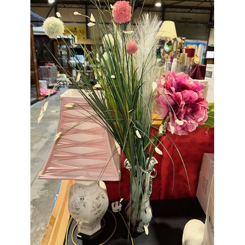 95 - Floral Ceramic Table Lamp With Shade + Tall Murano Style Vase With Artifiical Flowers