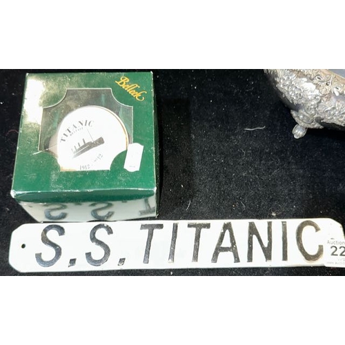 223 - Cast S.S.Titanic Sign + Boxed Belleek Titanic Gift Box