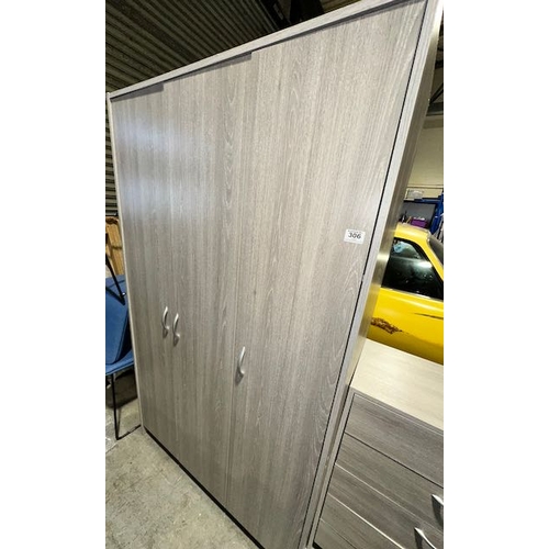 306 - Grey Triple Wardrobe With Matching 5 Drawer Chest