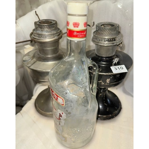 310 - 2 x Vintage Oil Lamps + Old Smirnoff Bottle