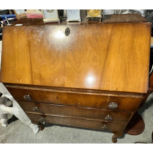 316 - Vintage Walnut Dropleaf Bureau With 3 Drawers