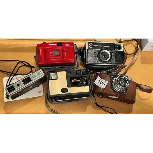 108 - 5 x Vintage Cameras - Minolta Pocket, Halina 150, Kodak Disc 3500, Instamatic & Halina Anastigment (... 