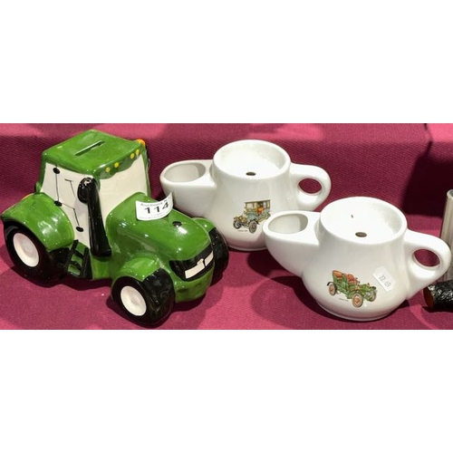 114 - 2 x Wade Shaving Mugs + Ceramic Irish Pottery Tractor Moneybox
