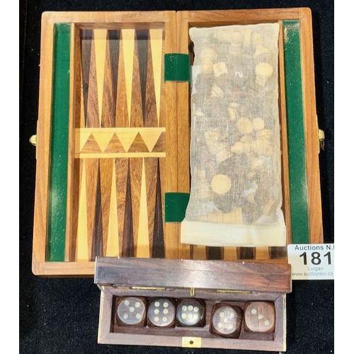181 - Wooden Travel 3in1 Games Box + Brass Detailed Box of 5 Wooden Dice