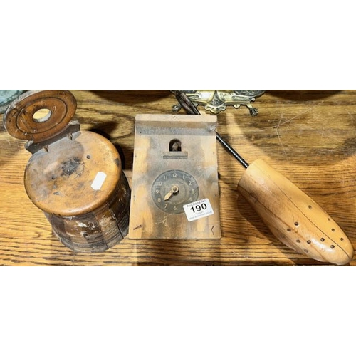190 - Vintage Woodwear Incl Miniature Churn, Cuckoo Clock Body + Shoe Stretcher