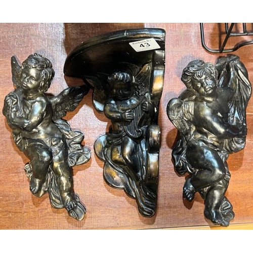 43 - Bronzed Style Cherub Wall Shelf + Matching Pair of Cherub Wall Figurines