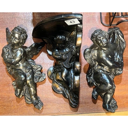 43 - Bronzed Style Cherub Wall Shelf + Matching Pair of Cherub Wall Figurines