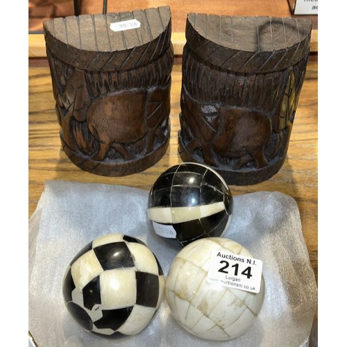 214 - Pair of Wooden Carved Elephant Bookends + Trio of Decorative Balls