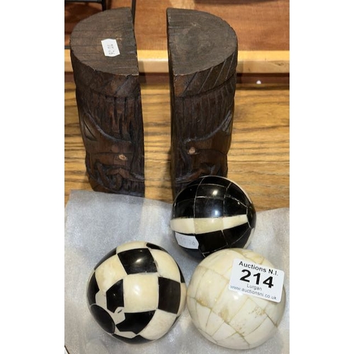 214 - Pair of Wooden Carved Elephant Bookends + Trio of Decorative Balls