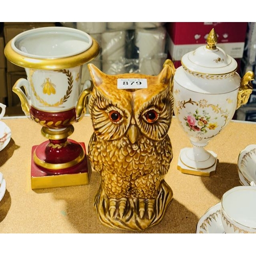 879 - Limoge & Coalport Ceramic Urns + Large Ceramic Owl