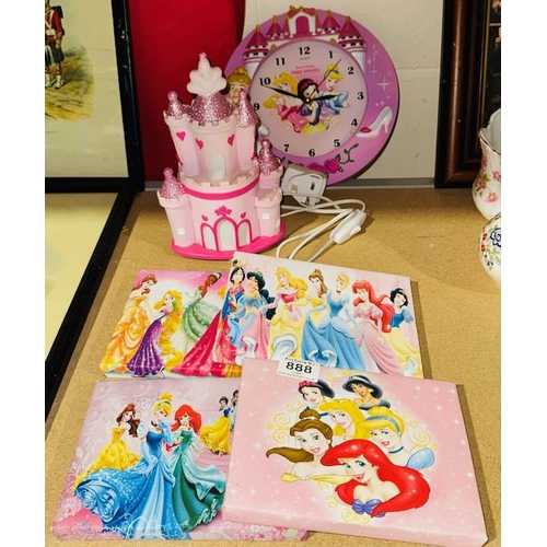 888 - Disney Princess Clock, Lamp + 4x Canvases