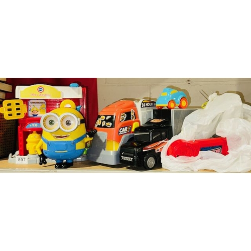 897 - Kids Toys Incl 2 x Transporter Lorries,Fire Station Playset & Minion