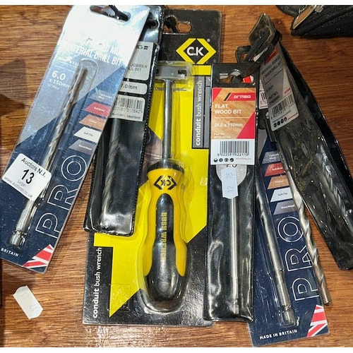 13 - Approx 7pc Unused Drill Bits + Conduit Bush Wrench