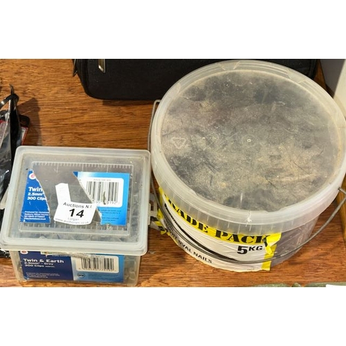 14 - Large Tub of Unused Galvanised Nails + Tub Of Clips