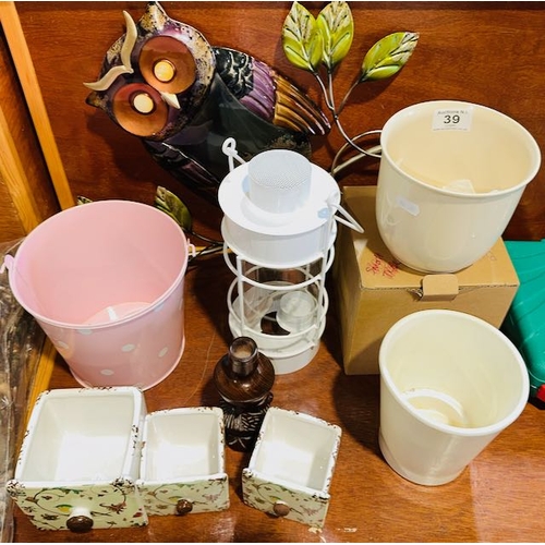 39 - Assorted Homeware Incl West German Planter, Metal Owl Wall Art & Candle Lantern