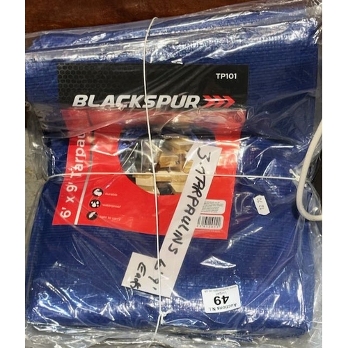 49 - 3 x Sealed Blackspur Tarpaulins 6' x 9'