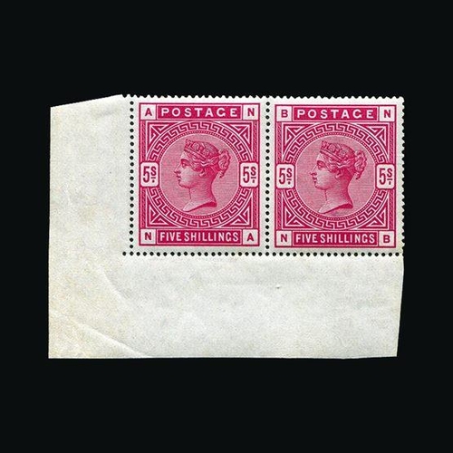 20487 - Great Britain - QV (surface printed) : (SG 181) 1883-84 5s crimson, horizontal SW corner pair NA-NB,... 